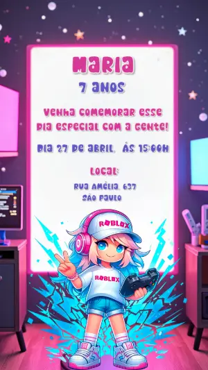 Convite de Aniversário Menina Gamer Roblox para Editar Online