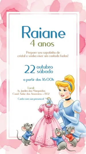 Convite Aniversário Cinderela com Ratinhos para Editar