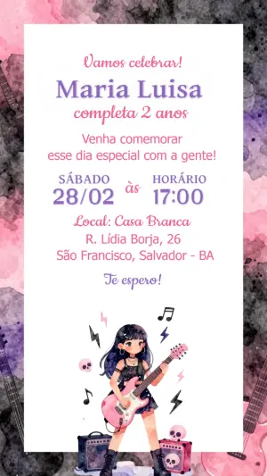 Convite de Aniversário Rock Menina Rosa e Roxo para Editar
