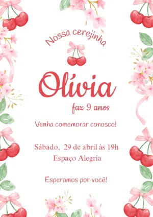 Convite de Aniversário Cerejinha Aquarela para Editar