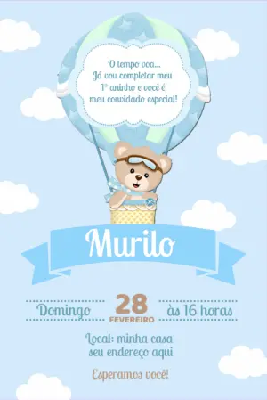 Convite Aniversário Ursinho Baloeiro para Editar Online
