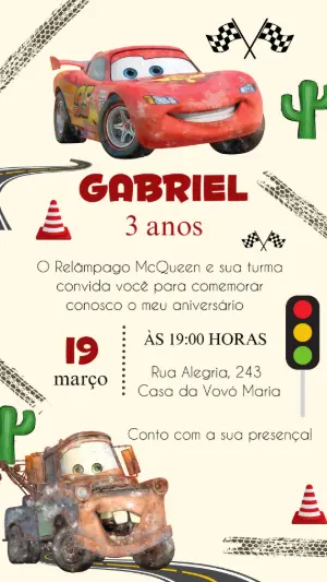 Convite Aniversário Carros com McQueen e Mate para Editar
