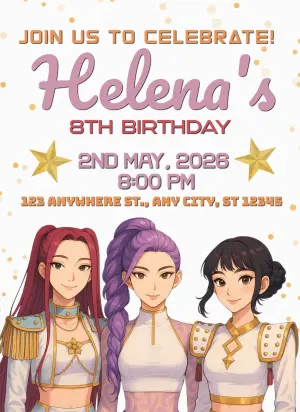 Invitation d'anniversaire KPop Demon Hunters – Statique – Borboleta Convites