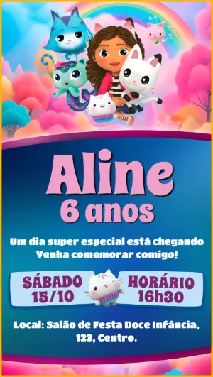 Convite de Aniversário Casa Mágica dos Gatos para Editar Online