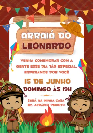 Convite de Aniversário Festa Junina com Personagens para Editar