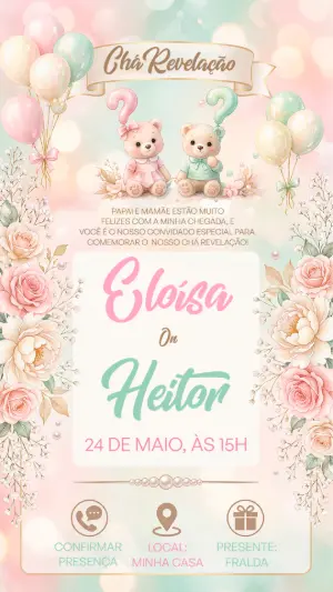 Convite Chá Revelação Ursinhos Aquarela Editável