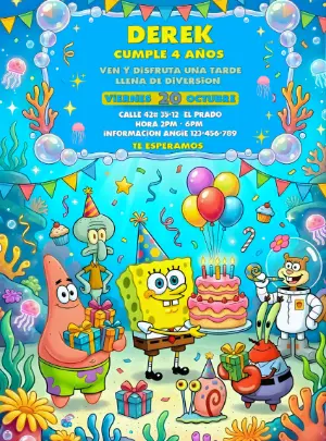 Invitación de Cumpleaños Bob Esponja Modelo Digital Editable