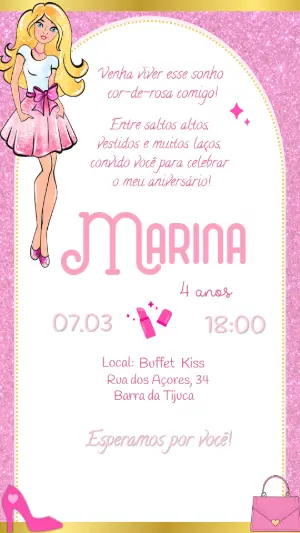 Convite de Aniversário Barbie com Glitter Editável