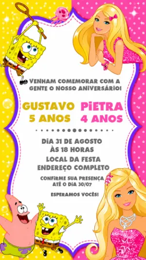 Convite Duplo Aniversário Bob Esponja e Barbie Editável