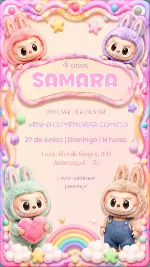Convite de Aniversário Labubu Rosa e Lilás Editável