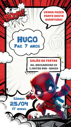 Convite de Aniversário Herói Deadpool Estilo Quadrinhos Editável