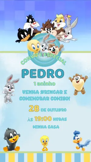 Convite Animado Aniversário Baby Looney Tunes para Editar