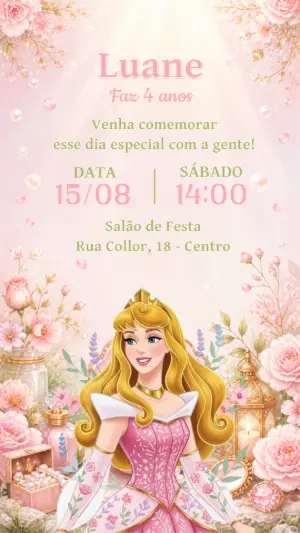 Convite de Aniversário Princesa Aurora Editável para Menina