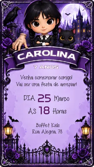 Convite de Aniversário Wandinha Roxo para Editar