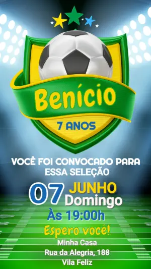 Convite de Aniversário Futebol Brasil Verde e Amarelo Editável