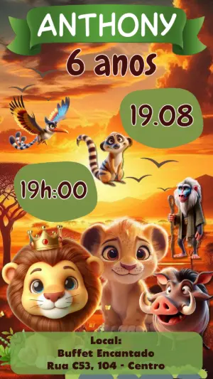 Convite Digital Infantil Rei Leão: Modelo Editável e Colorido
