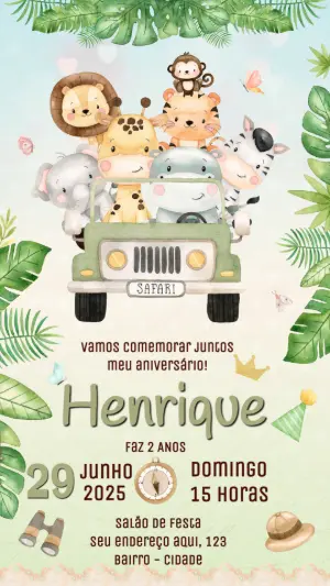 Convite de Aniversário Safari com Animais para Editar Online