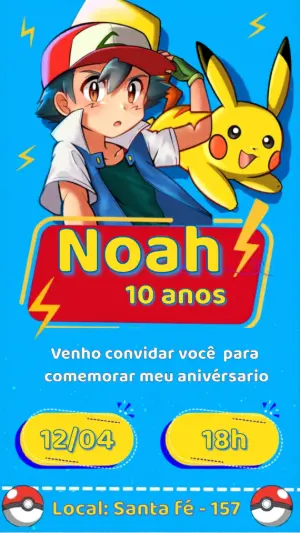 Convite de Aniversário Pokémon com Ash e Pikachu para Editar