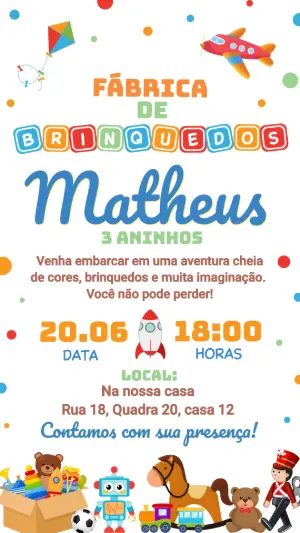 Convite de Aniversário Fábrica de Brinquedos Colorido para Editar