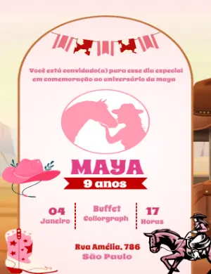 Convite Aniversário Boiadeira Rosa Editável Online