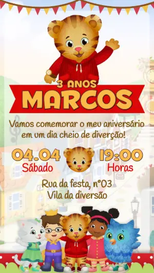 Convite de Aniversário Daniel Tigre Colorido para Editar