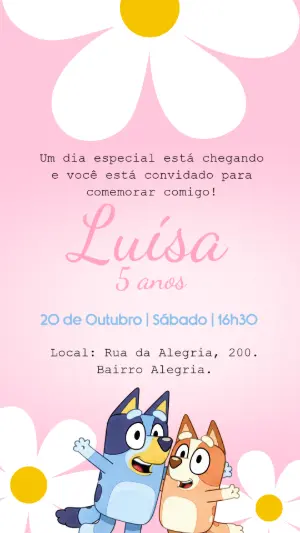 Convite de Aniversário Bluey Rosa Delicado Modelo Editável