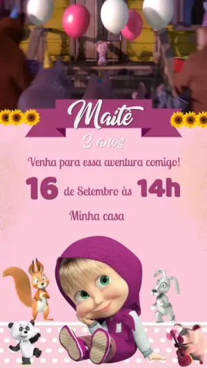 Convite Animado Aniversário Masha e o Urso para Editar Online