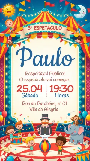 Convite de Aniversário Infantil Circo Mundo Bita para Editar