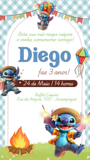 Convite de Aniversário Arraiá do Stitch Editável Online