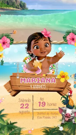 Convite Animado Aniversário Moana Baby para Editar Online