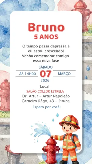 Convite de Aniversário Infantil Bombeiro Aquarela Editável