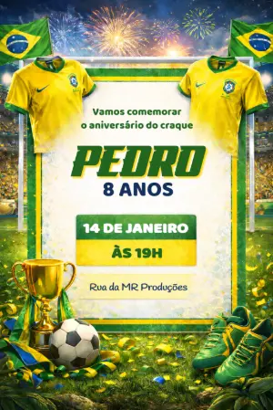 Convite de Aniversário Futebol Brasil Verde e Amarelo Editável