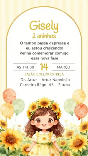 Convite de Aniversário Girassol Aquarela Modelo Editável