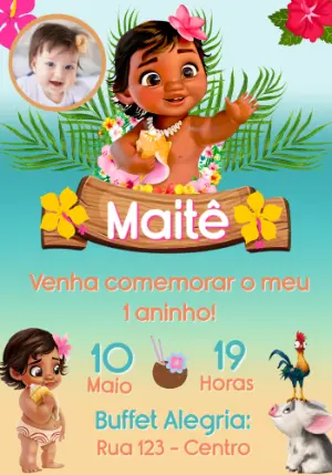 Convite de Aniversário Moana Baby com Foto Editável