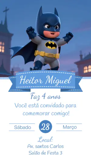 Convite de Aniversário Batman Fofo para Editar e Enviar