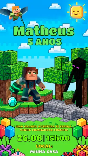 Convite de Aniversário Minecraft Editável para Festa