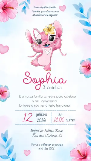Convite de Aniversário Angel (Stitch) Havaiano Aquarela Editável