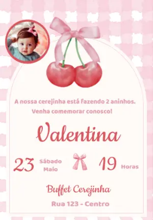 Convite Aniversário Cerejinha com Foto para Editar Online