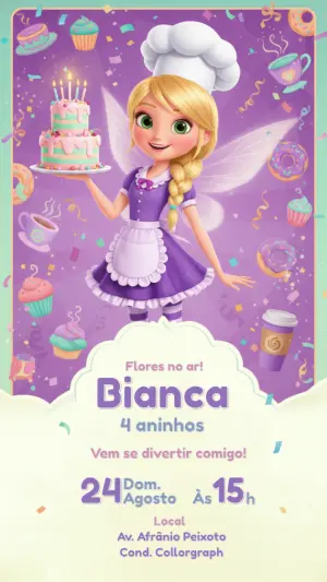 Convite de Aniversário Fada Confeiteira Roxo Editável