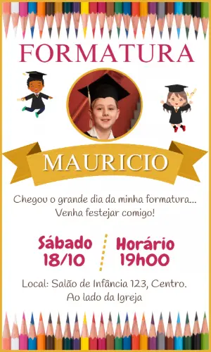 Convite de Formatura Infantil Colorido com Foto para Editar
