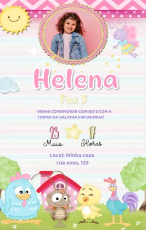 Convite Galinha Pintadinha com Foto para Editar Online