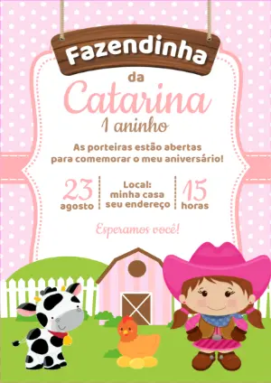 Convite Aniversário Fazendinha Menina para Editar Online
