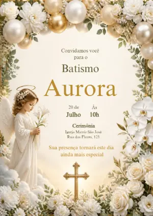 Convite Editável Batismo Menina Anjo com Flores Brancas