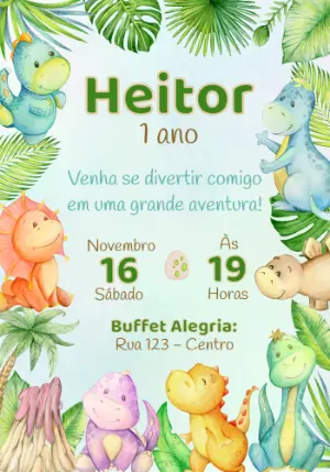 Convite de Aniversário Dinossauro Baby Aquarela para Editar