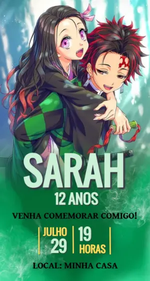 Convite de Aniversário Demon Slayer com Tanjiro e Nezuko Editável