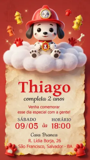 Convite de Aniversário Cachorro Bombeiro Fofo para Editar