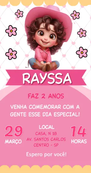 Convite de Aniversário Cowgirl Rosa Fofo para Editar