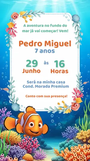 Convite Aniversário Fundo do Mar com Peixe para Editar Online
