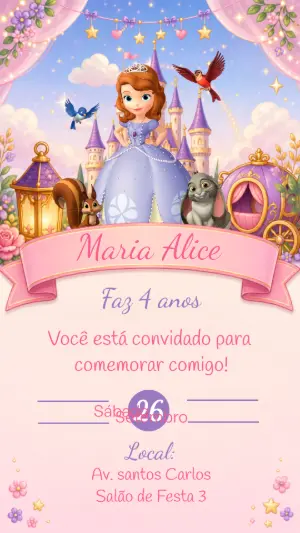 Convite de Aniversário Princesinha Sofia Modelo Editável