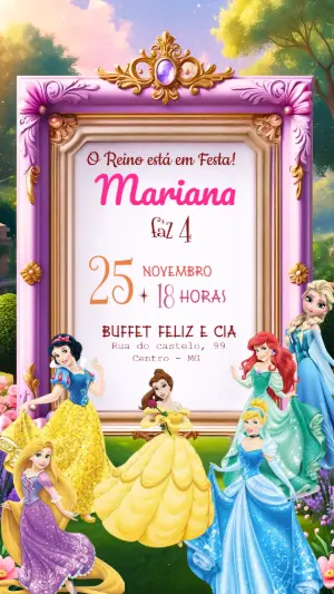 Convite de Aniversário Princesas Disney Modelo Digital Editável